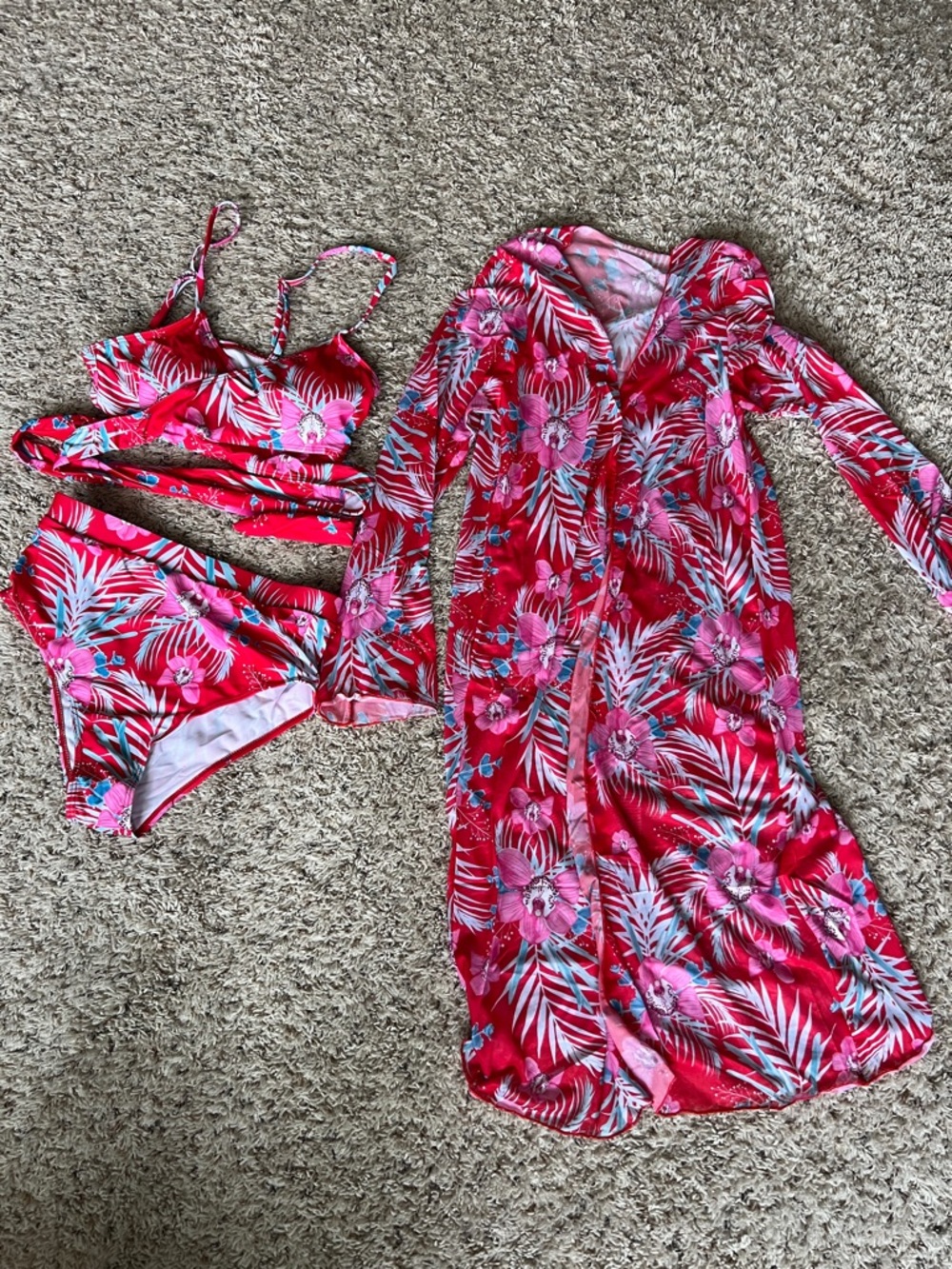 Floral Red Women's Bikini Set with Cover-Up